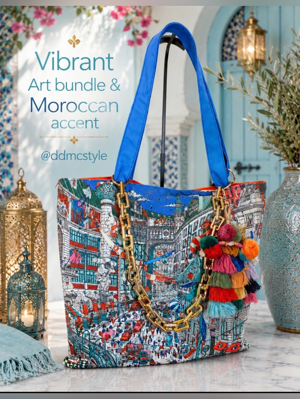 Bundle ~ New Multicolor Artscape Tote Bag w Bling Chain Unbranded